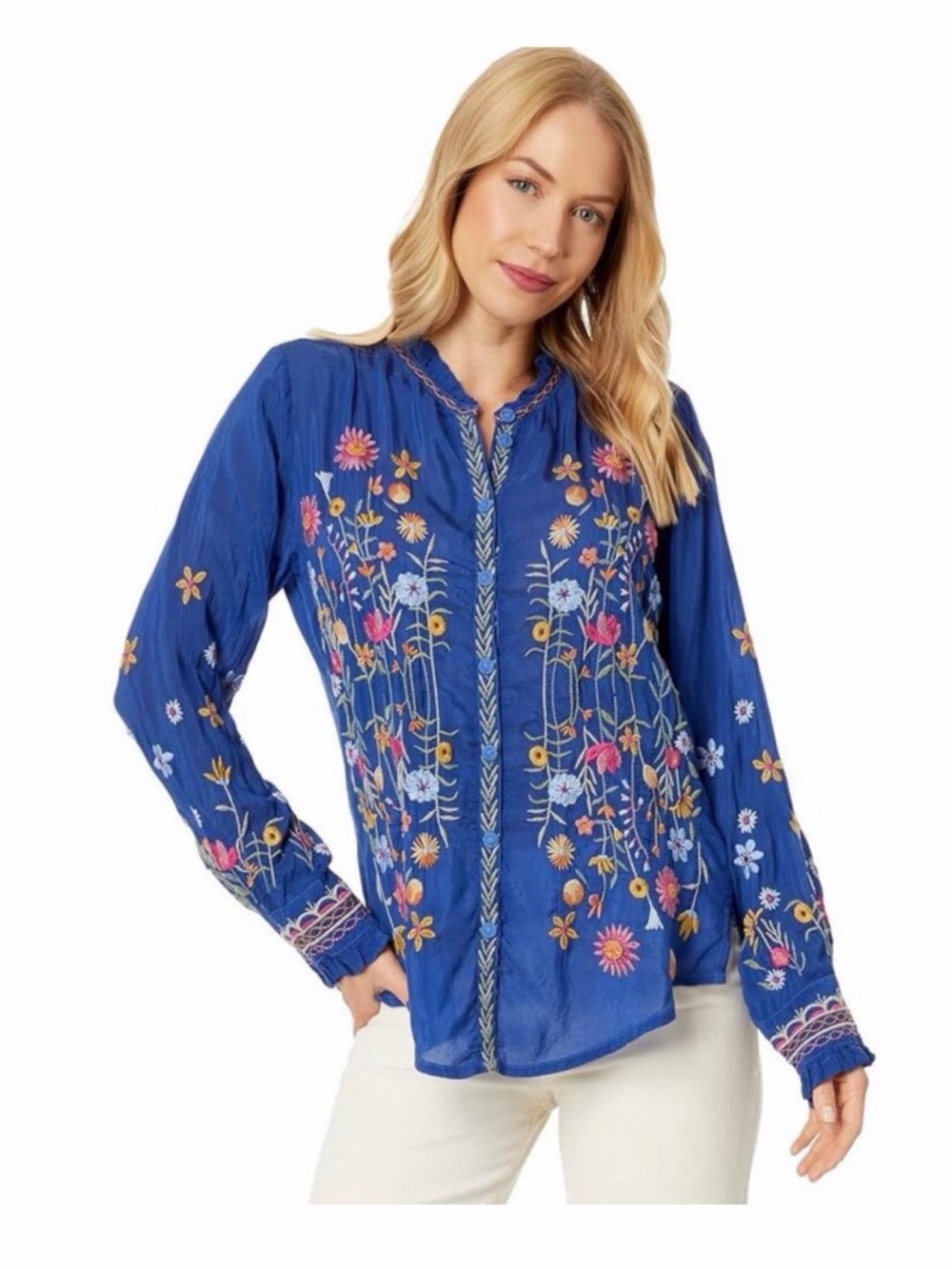 Johnny Was Royal Blue Floral Embroidered Button-Up Blouse